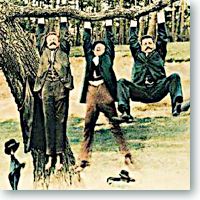 Three Men on a Bummel book cover. Three guys attempting chin ups on tree limb.