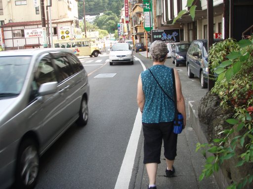Narrow sidewalks but considerate drivers in Kawaguchiko Japan.