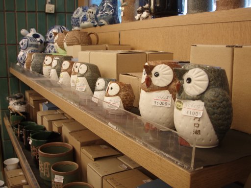 Owl line up in a Kawaguchiko shop. Owls are apparently important in Japan.