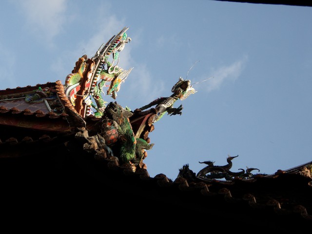 Dragons protect the temple against evil spirits. This temple is for the goddess Mastsu and other less powerful deities.