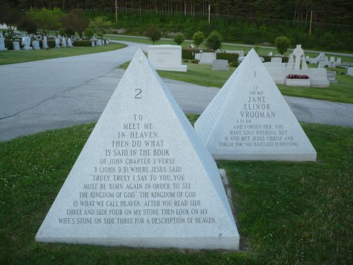 The graves of Daniel Morrell Vrooman and Jane Elinor Vrooman in the Hope Cemetery located in Barre, Vermont, caution readers about the risks of ignoring the spiritual and soulish natures of humanity. These markers are engraved on all sides with messages from the Vroomans and passages from the Bible.