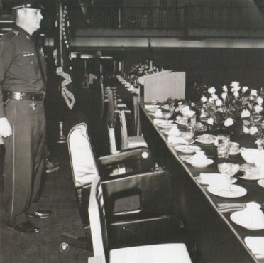 Hours after the shooting, the head table at the Dallas Trade Mart remains in readiness for the presidential luncheon that was not to take place.