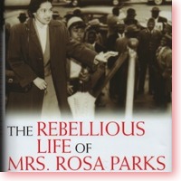 Rebellious Life of Mrs Rosa Parks book cover icon. Rosa leading a march.