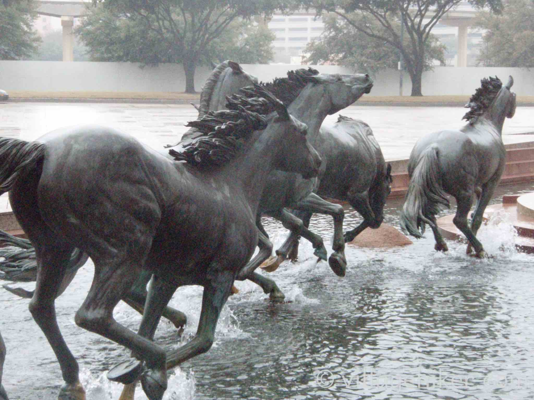 bronze mustangs splash through the fountain in a heavy rain.