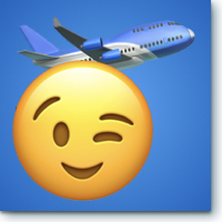stylized airplane and winking person icon