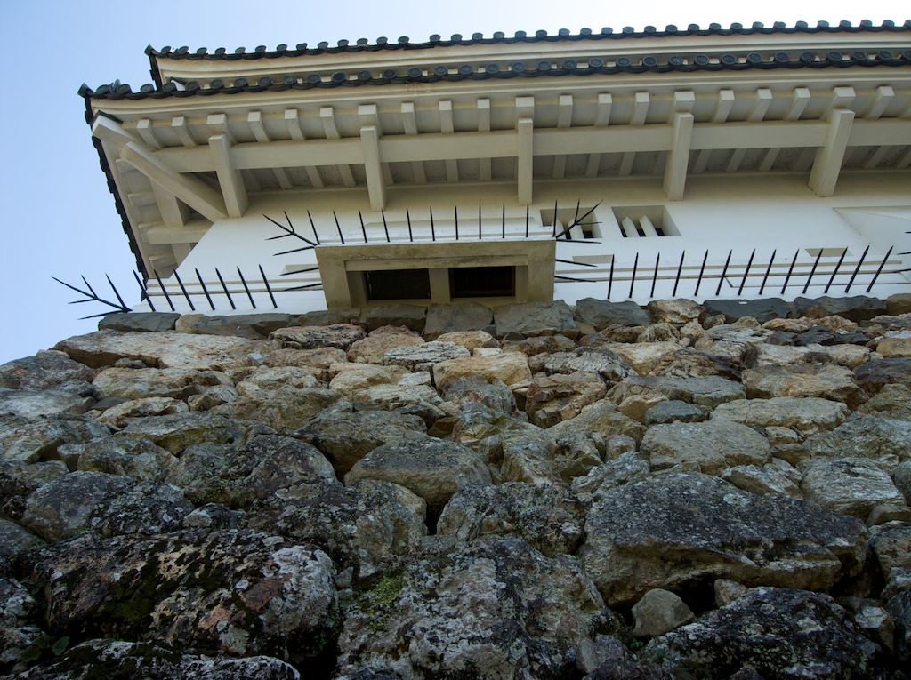 Kochi Castle Ninja Spikes. A seemingly vulnerable rock wall at Kochi Castle has sharp iron ninja spikes as an added layer of security against invaders. The castle also has a trick gate. Builders envisioned the need for canny methods for protection. 