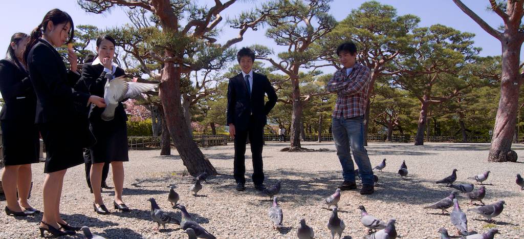 Friends Feeding Pigeons at Kochi Castle