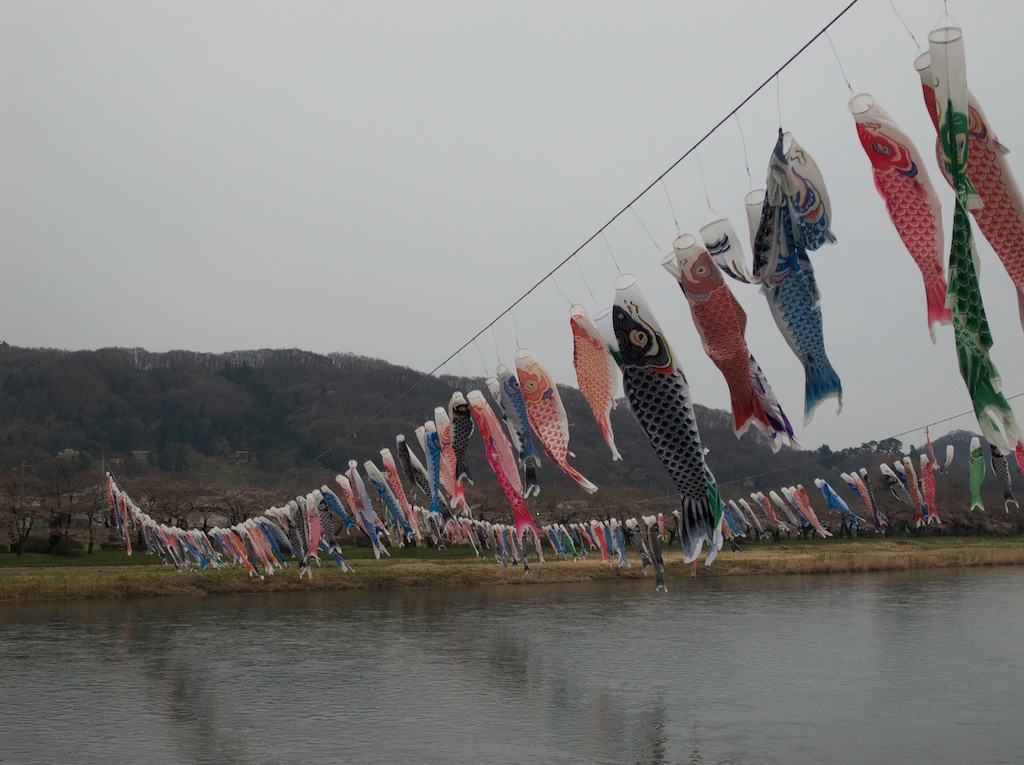 Koi Nobori Carp Flags for Boys Fly Over the River in Kitakami, Japan.