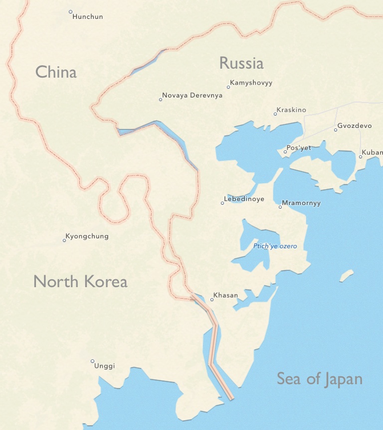 China comes within several kilometers where its border contacts those of Russia and North Korea at the Tumen River. At this intersection, North Korea and Russia leave China behind as they together race along Tumen to the sea.